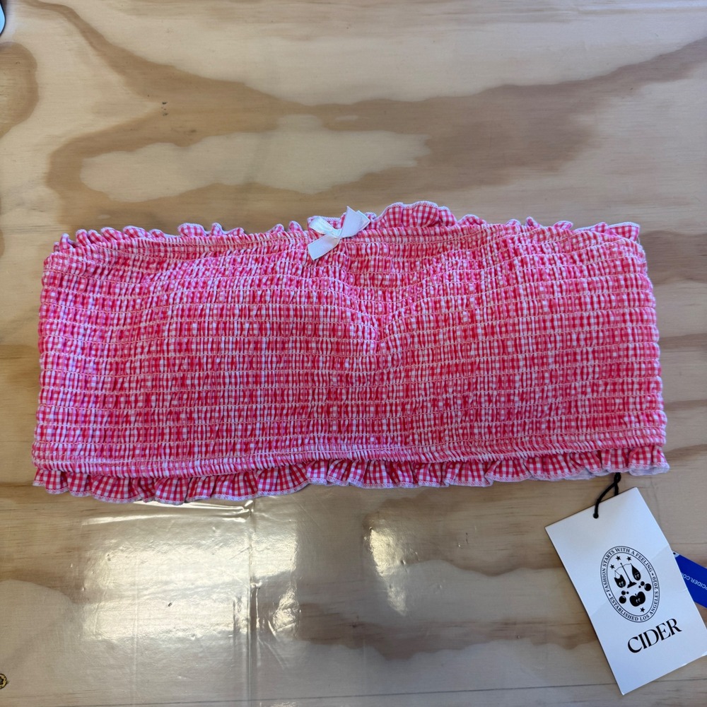 NWT CIDER Red Gingham Smocked Bandeau Swim Bikini Top Ruffle Size L
